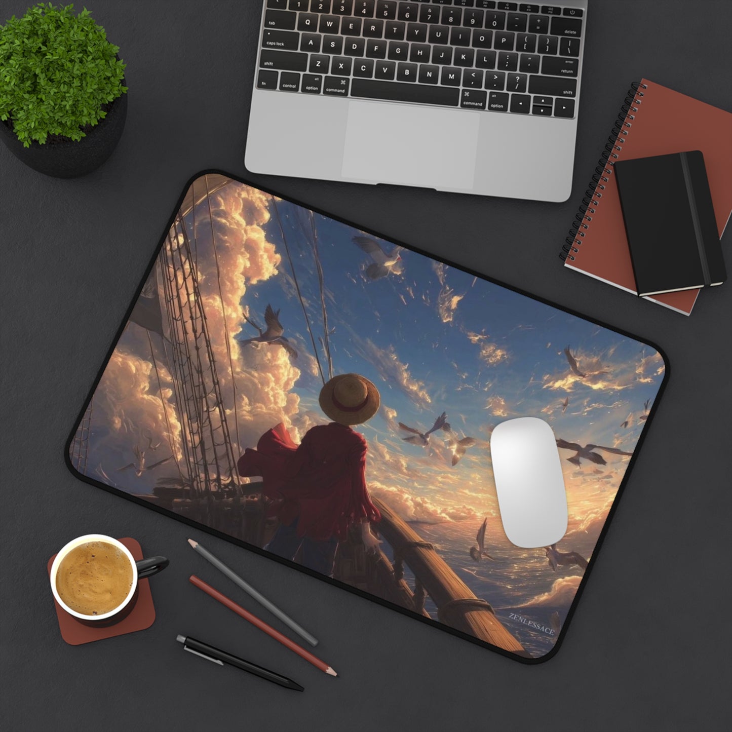 Sunset Sailor Scene Desk Mat | Seagulls, Ocean Sky Artwork
