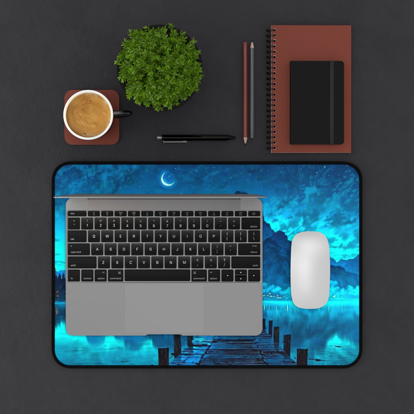 Moonlit Mountain Lake Desk Mat | Blue Scenic Landscape Mouse Pad