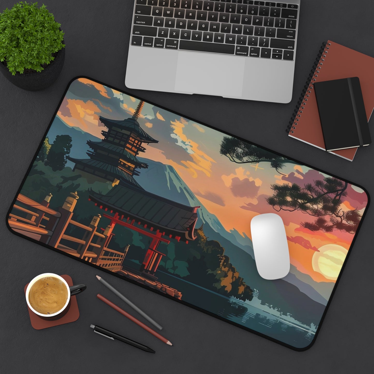 Sunset Japanese Temple Desk Mat | Scenic Anime Landscape Mouse Pad