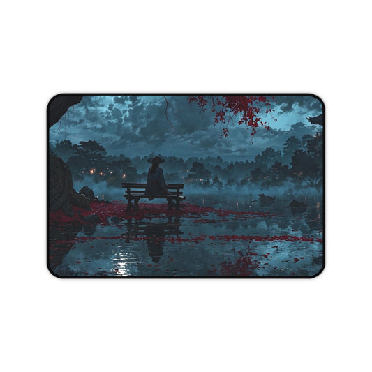 Lonely Figure on Bench at Moonlit Lake Desk Mat | Nightscape Vaporwave
