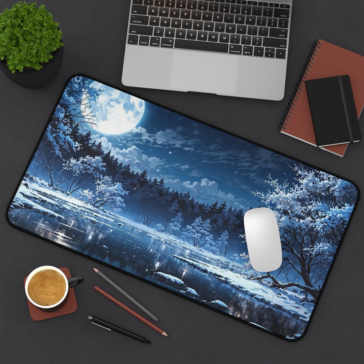 Moonlit Winter Lake Desk Mat | Snowy Forest Nightscape