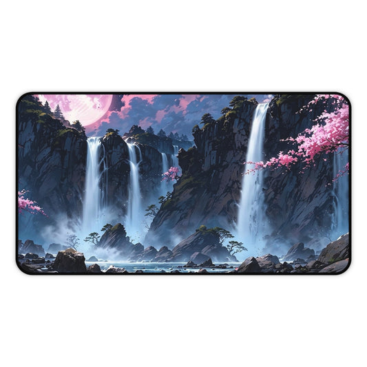 Moonlit Waterfall Landscape Desk Mat | Sakura River Scene