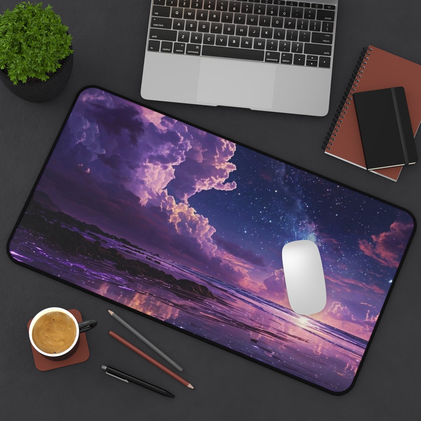 Purple Galaxy Beach Sunset Desk Mat | Cosmic Night Sky Mousepad