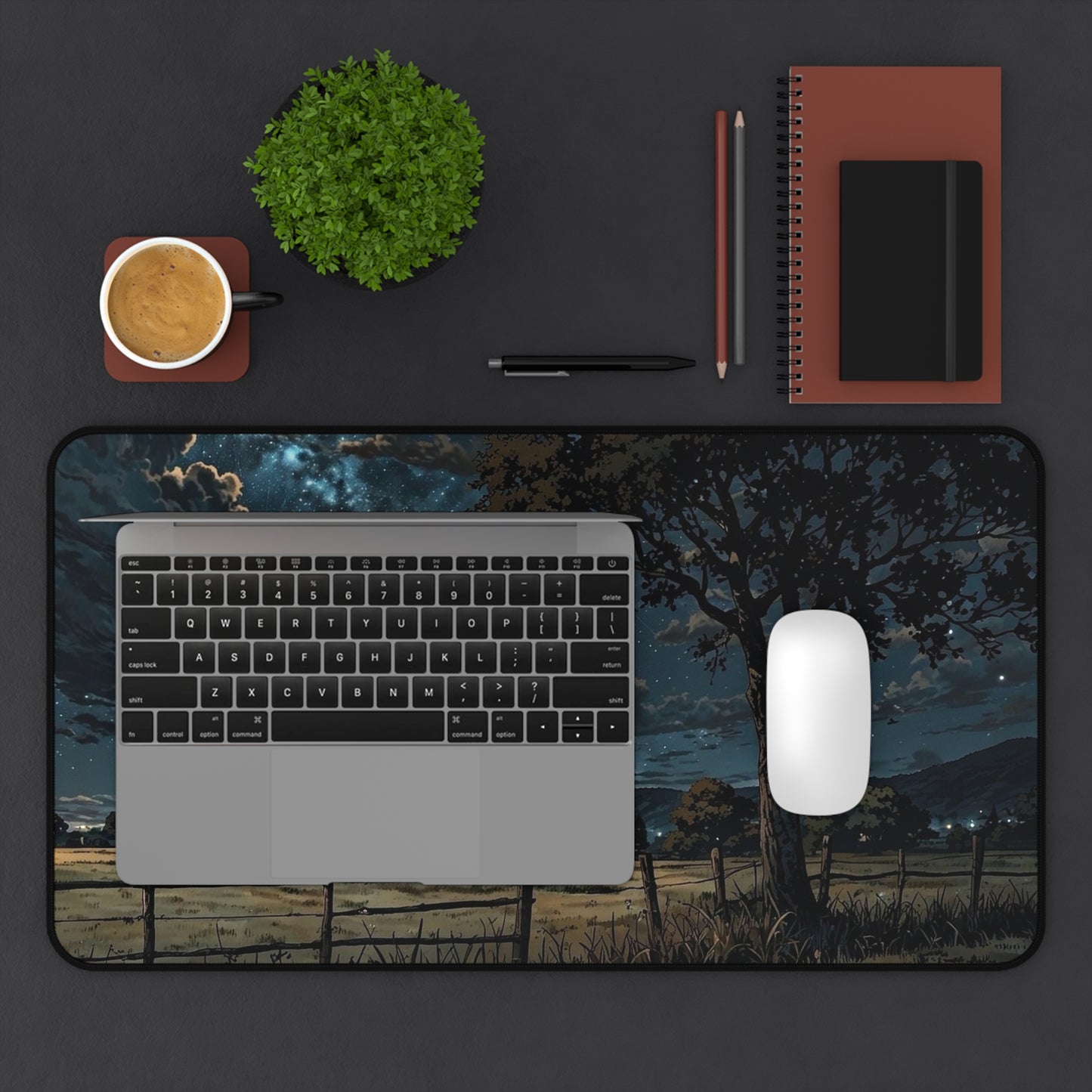Starry Night Countryside Desk Mat | Moonlit Field Mousepad