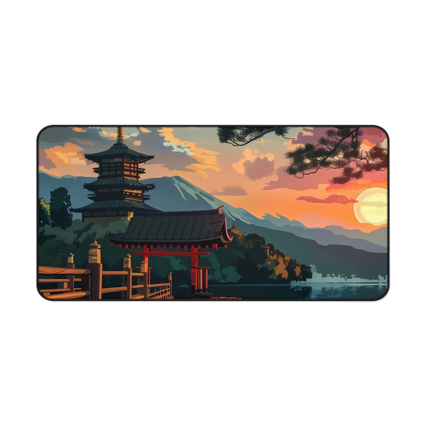 Sunset Japanese Temple Desk Mat | Scenic Anime Landscape Mouse Pad
