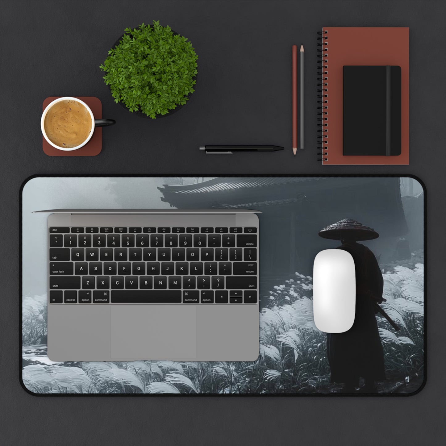 Samurai Temple Desk Mat — Misty Japanese Warrior Landscape Mouse Pad