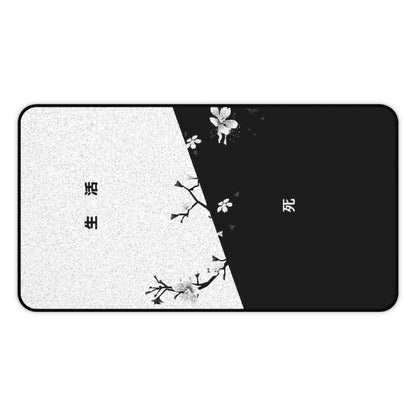 Black White Cherry Blossom Split Design Desk Mat | Minimal Aesthetic