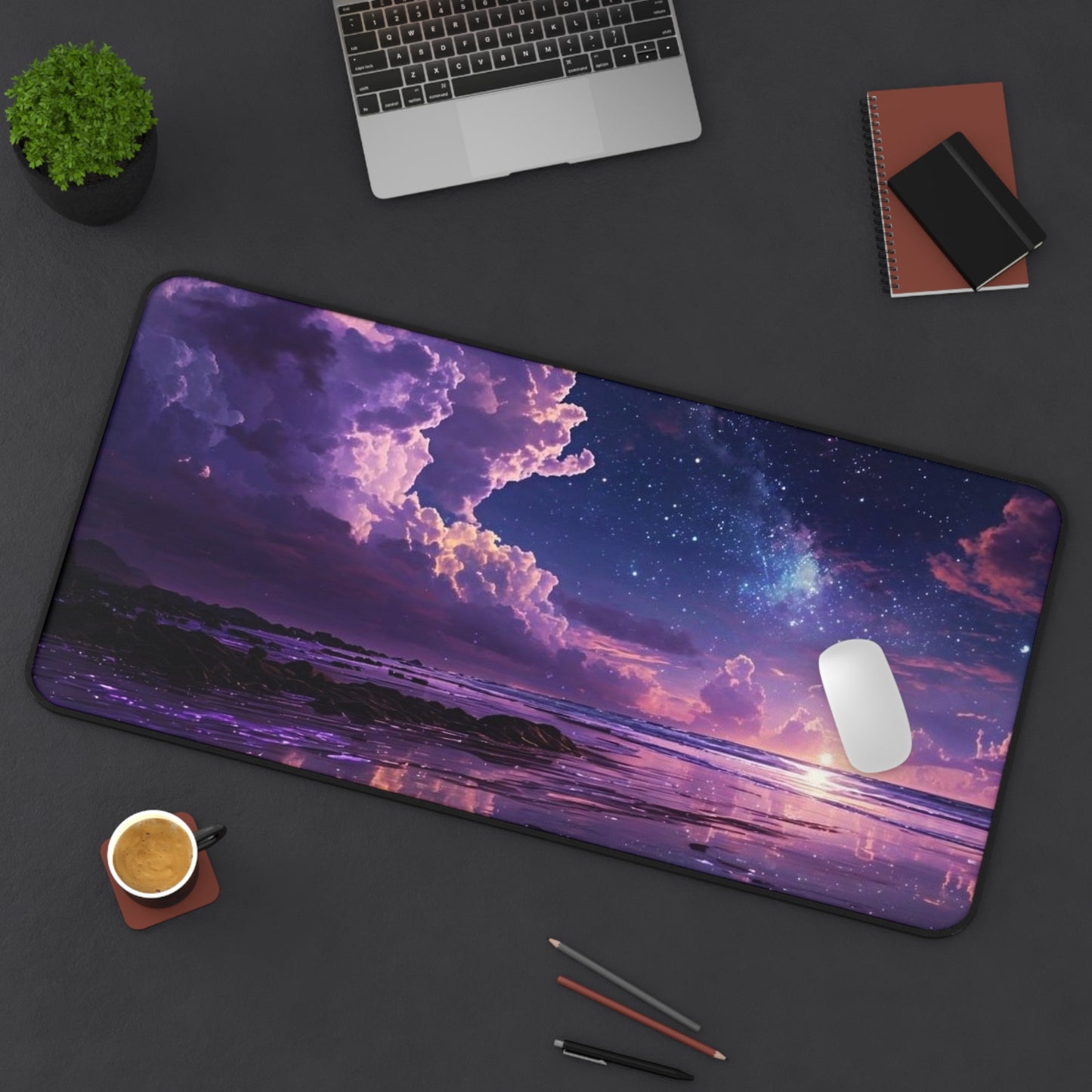 Purple Galaxy Beach Sunset Desk Mat | Cosmic Night Sky Mousepad