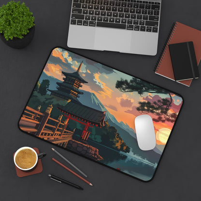 Sunset Japanese Temple Desk Mat | Scenic Anime Landscape Mouse Pad
