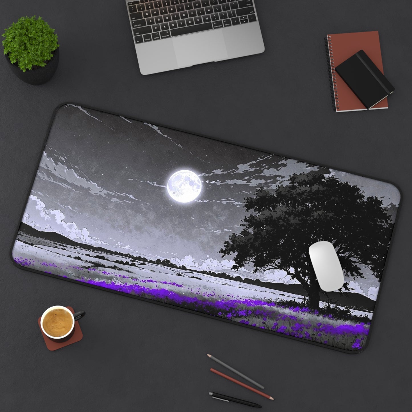 Moonlit Lavender Field Desk Mat | Night Landscape Mouse Pad