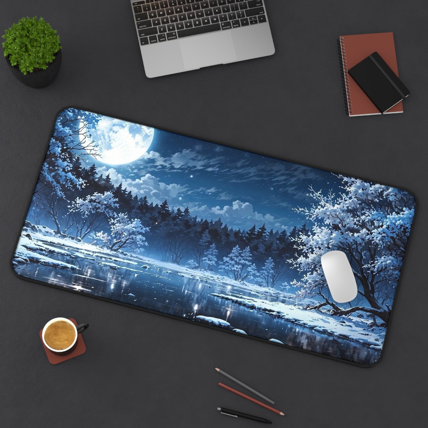 Moonlit Winter Lake Desk Mat | Snowy Forest Nightscape