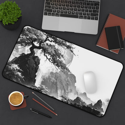 Zen Ink Landscape Desk Mat — Black & White Bonsai Moon Mouse Pad
