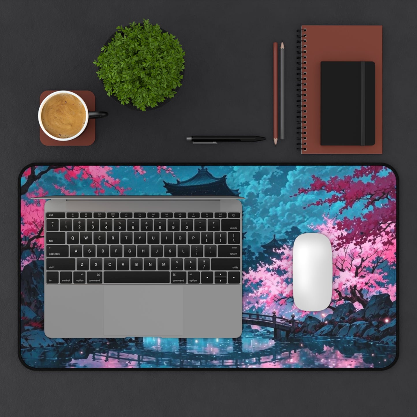 Cherry Blossom Pagoda Desk Mat | Japanese Nightscape Mouse Pad