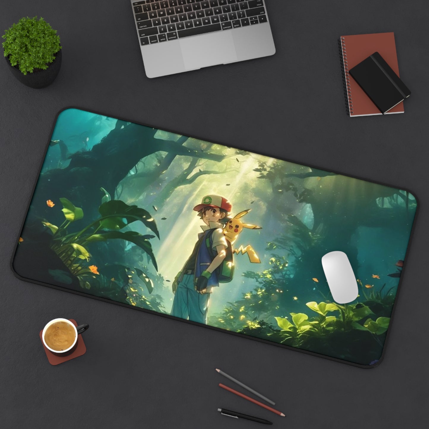 Forest Adventure Scene Desk Mat | Boy with Fox in Sunlit Woods