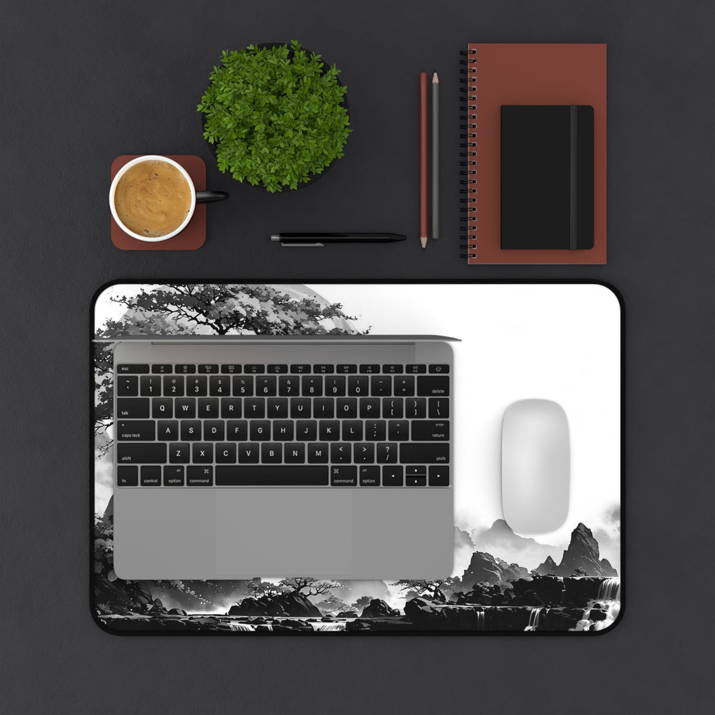 Zen Ink Landscape Desk Mat — Black & White Bonsai Moon Mouse Pad