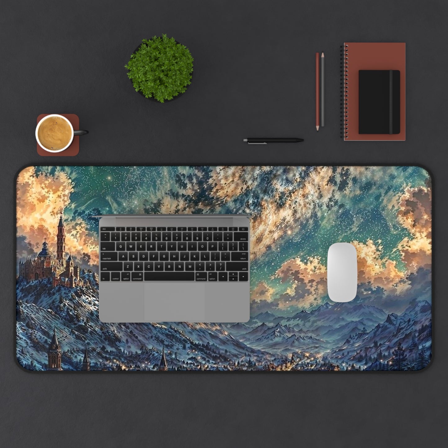 Starry Fantasy Mountain Village Desk Mat | Night Sky Landscape Mouse Pad