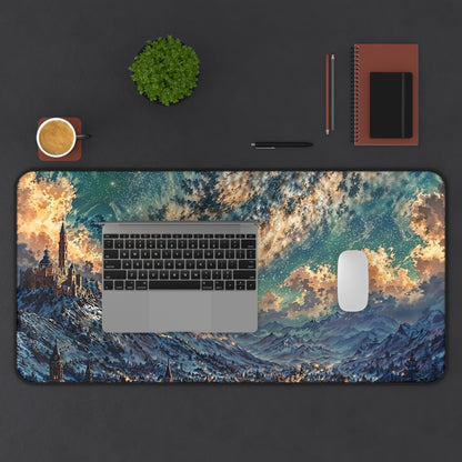 Starry Fantasy Mountain Village Desk Mat | Night Sky Landscape Mouse Pad