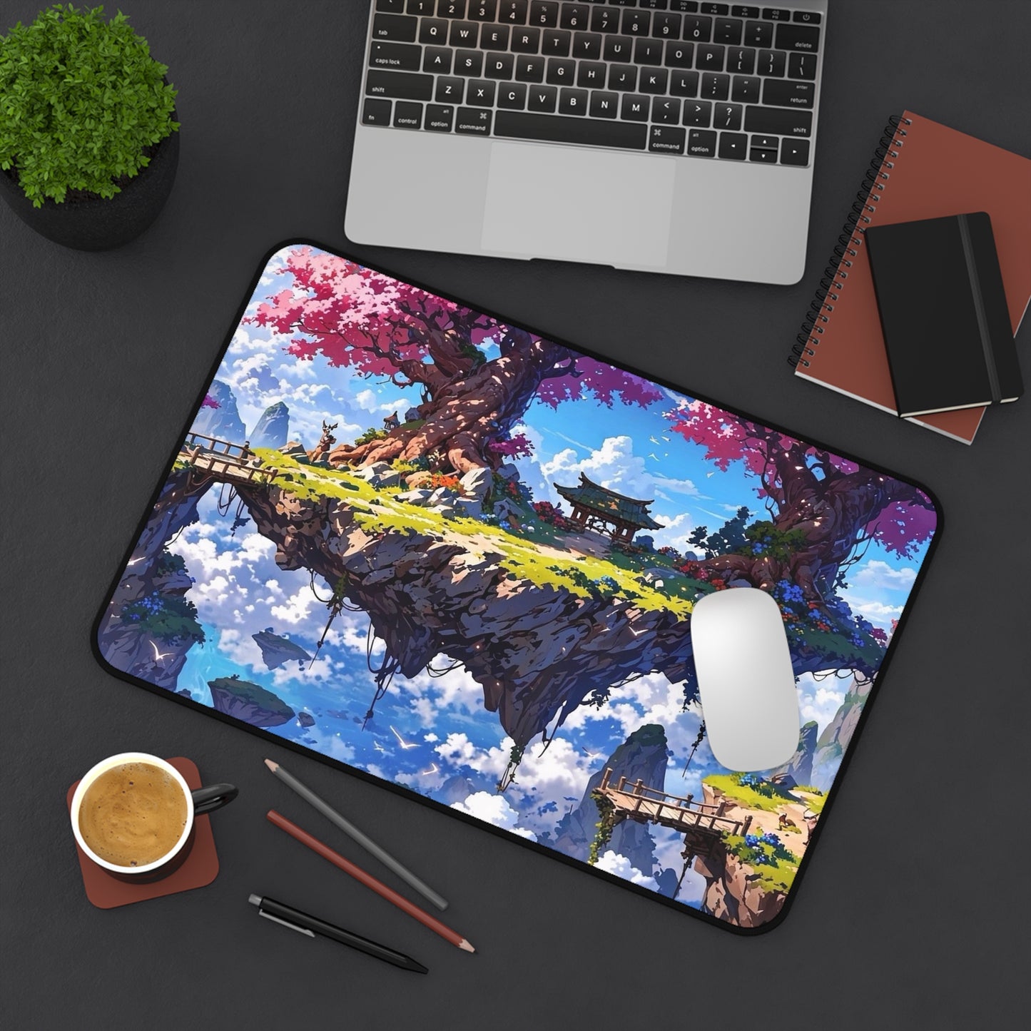 Floating Island with Cherry Trees Desk Mat | Fantasy Landscape Mouse Pad