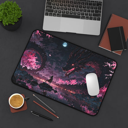 Moonlit Sakura Dragon Desk Mat | Anime Fantasy Landscape Mouse Pad
