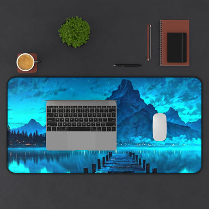 Moonlit Mountain Lake Desk Mat | Blue Scenic Landscape Mouse Pad