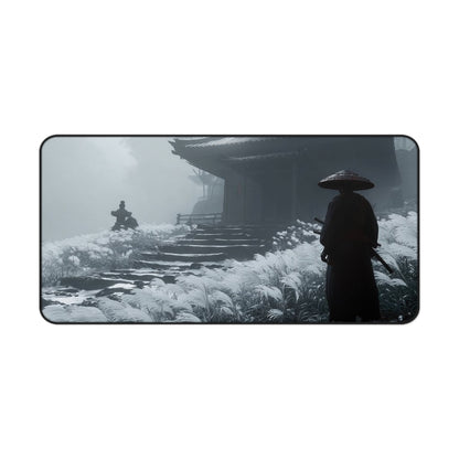Samurai Temple Desk Mat — Misty Japanese Warrior Landscape Mouse Pad