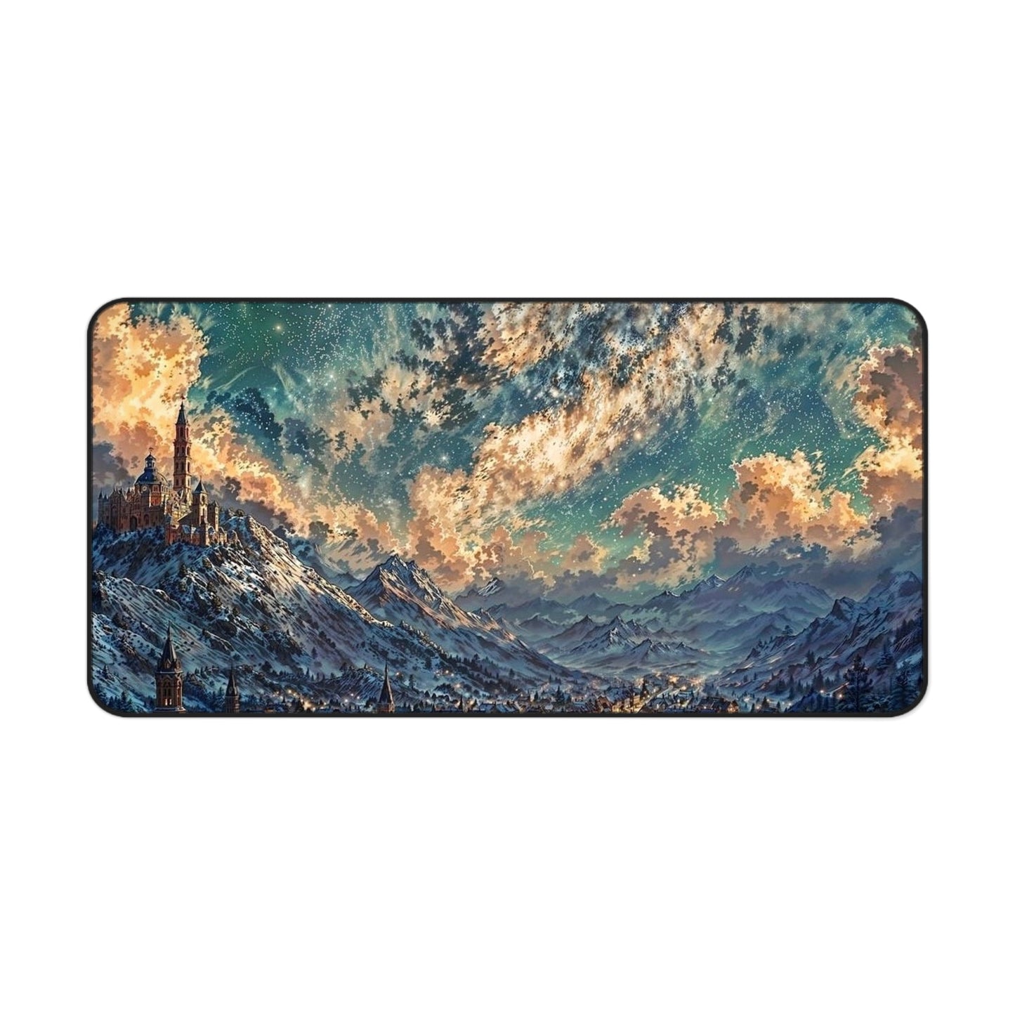 Starry Fantasy Mountain Village Desk Mat | Night Sky Landscape Mouse Pad