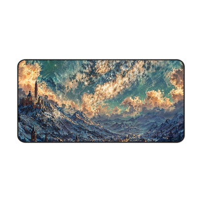 Starry Fantasy Mountain Village Desk Mat | Night Sky Landscape Mouse Pad