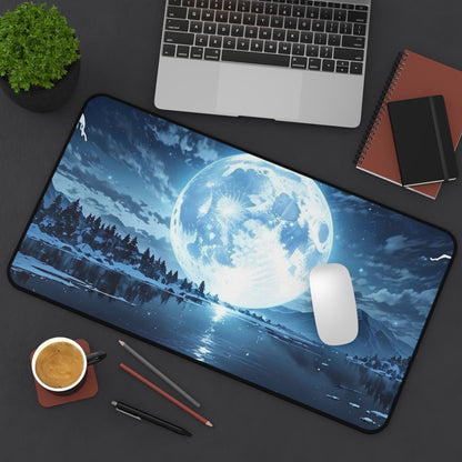 Blue Full Moon Lake Scene Desk Mat | Night Sky Mouse Pad