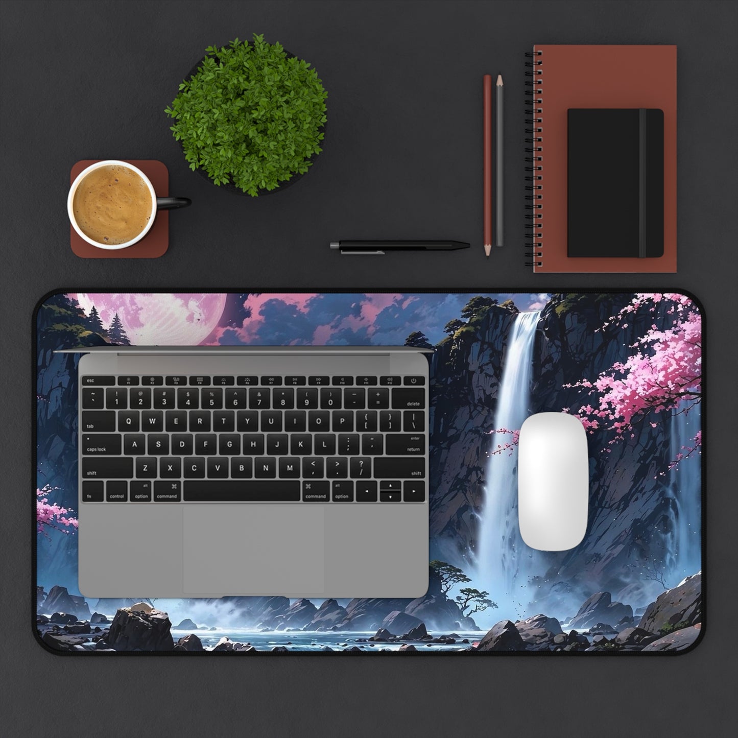 Moonlit Waterfall Landscape Desk Mat | Sakura River Scene