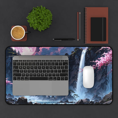 Moonlit Waterfall Landscape Desk Mat | Sakura River Scene