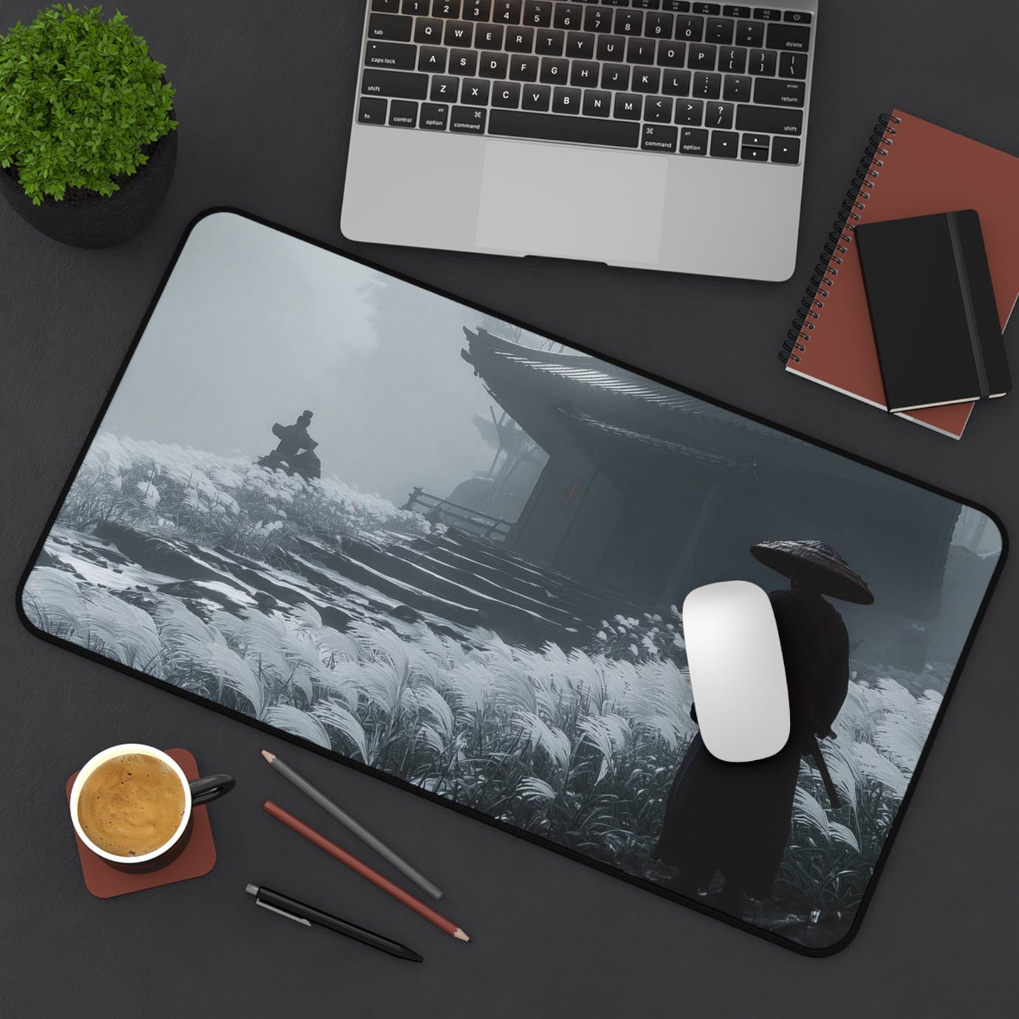 Samurai Temple Desk Mat — Misty Japanese Warrior Landscape Mouse Pad