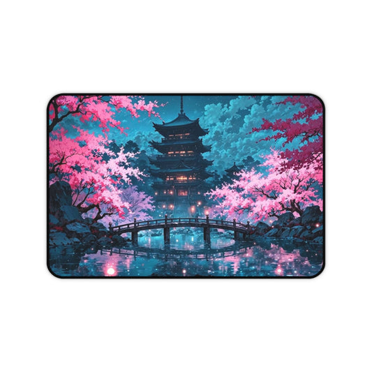 Cherry Blossom Pagoda Desk Mat | Japanese Nightscape Mouse Pad