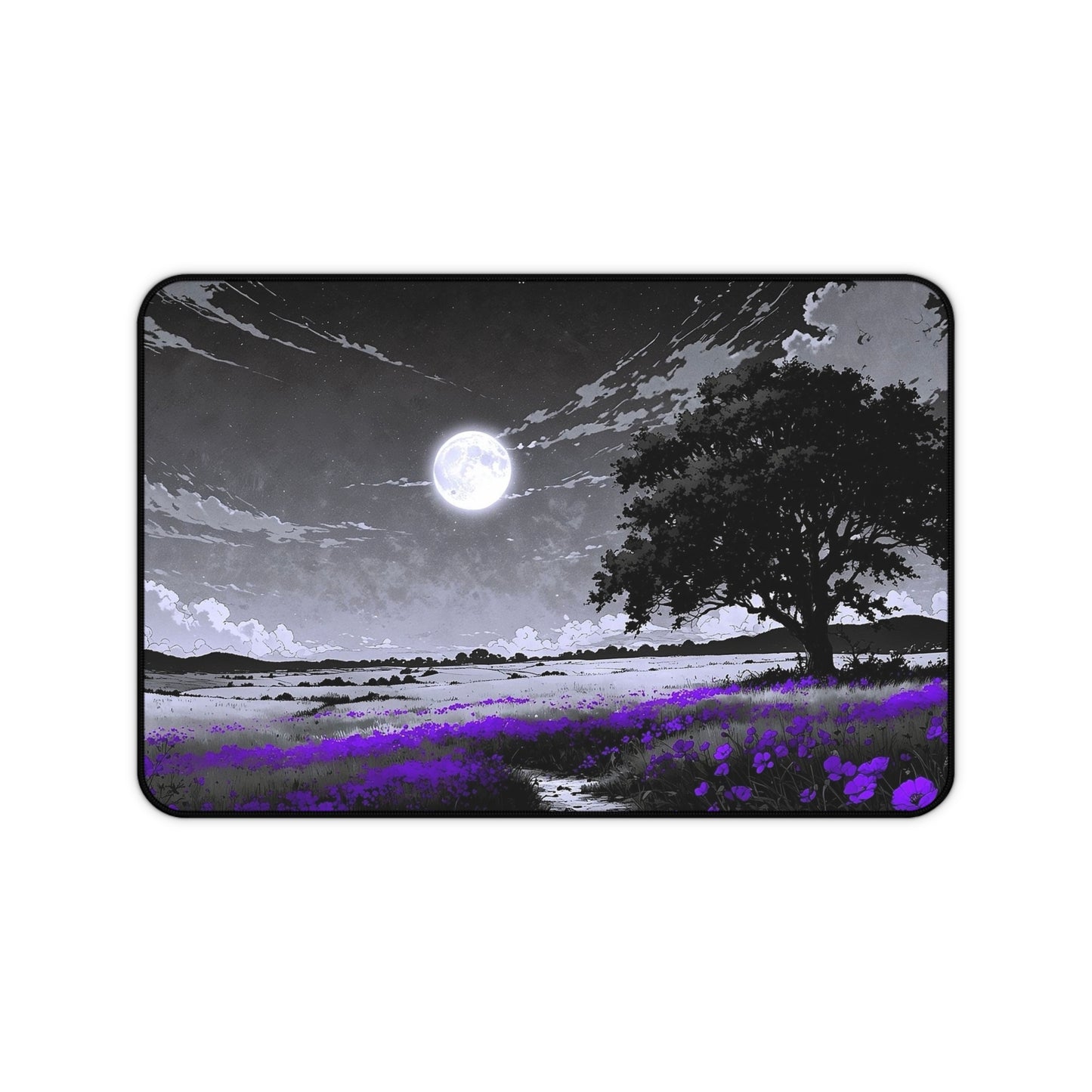 Moonlit Lavender Field Desk Mat | Night Landscape Mouse Pad