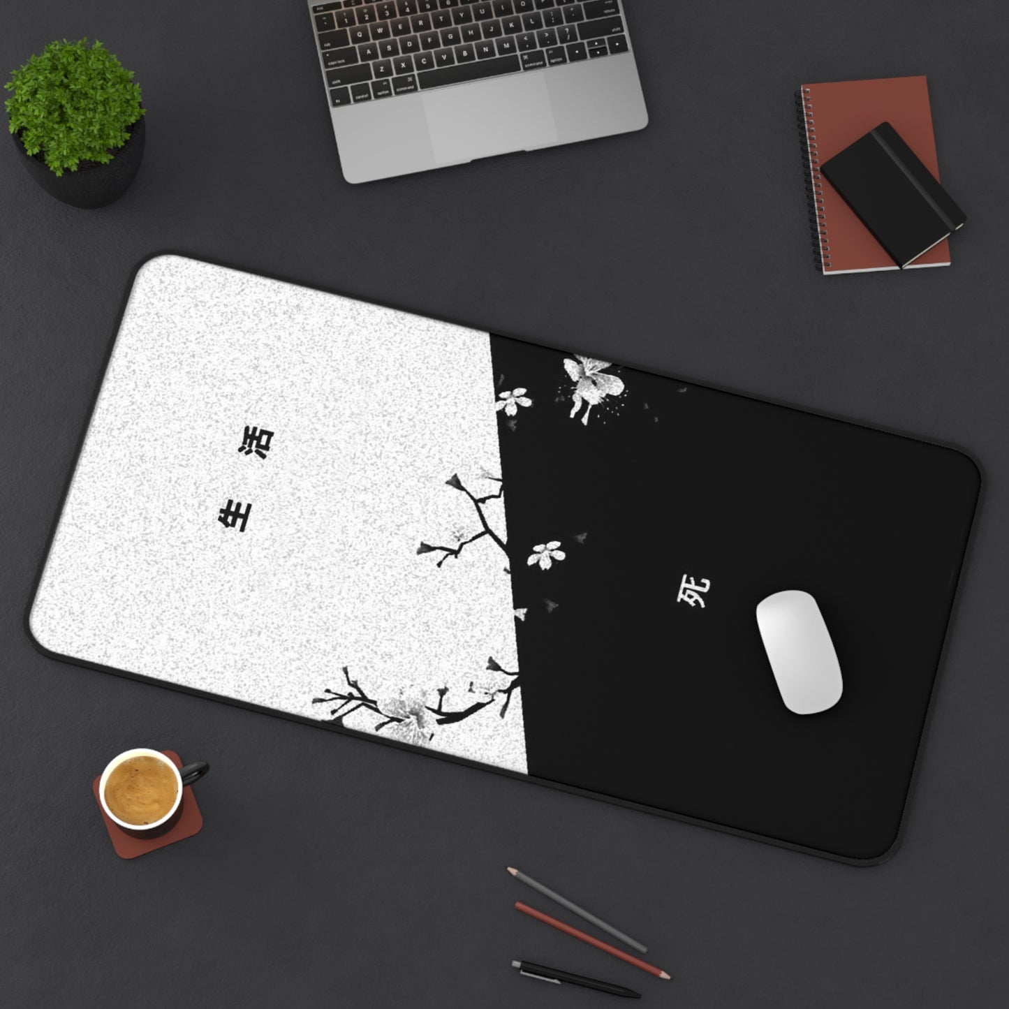 Black White Cherry Blossom Split Design Desk Mat | Minimal Aesthetic