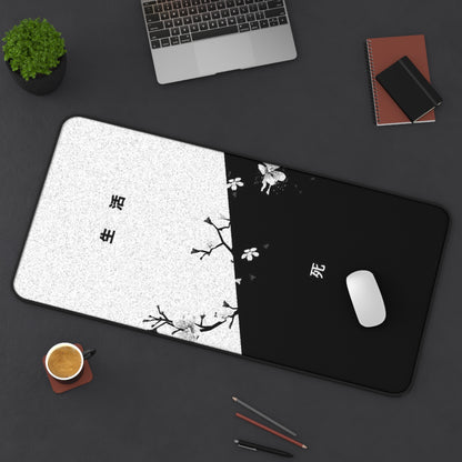 Black White Cherry Blossom Split Design Desk Mat | Minimal Aesthetic