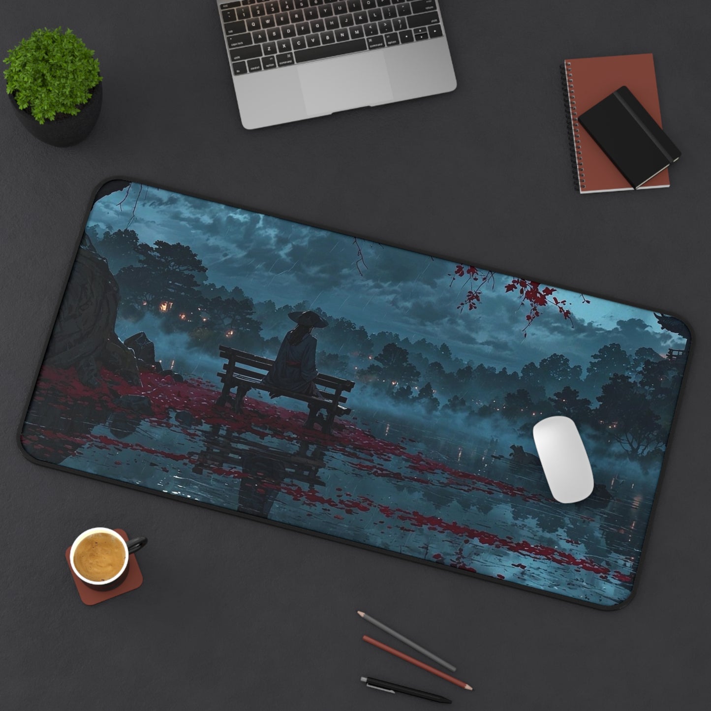 Lonely Figure on Bench at Moonlit Lake Desk Mat | Nightscape Vaporwave