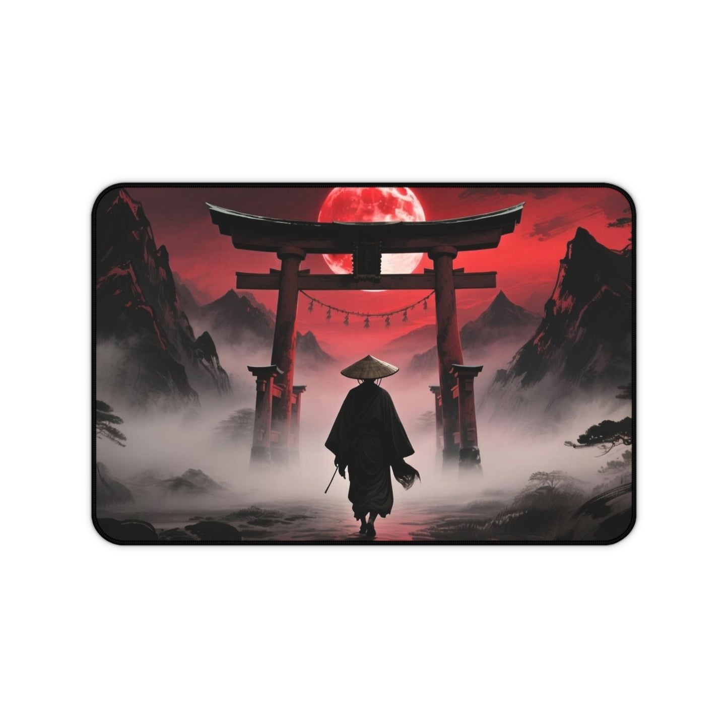 Samurai Torii Gate desk mat | Red Moon Japanese Landscape, Foggy Mountain Mousepad