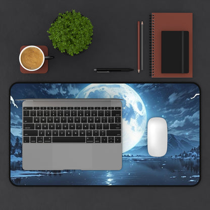 Blue Full Moon Lake Scene Desk Mat | Night Sky Mouse Pad