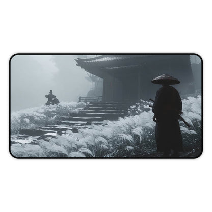 Samurai Temple Desk Mat — Misty Japanese Warrior Landscape Mouse Pad