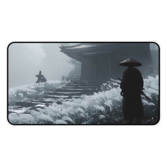 Samurai Temple Desk Mat — Misty Japanese Warrior Landscape Mouse Pad
