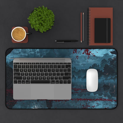 Lonely Figure on Bench at Moonlit Lake Desk Mat | Nightscape Vaporwave