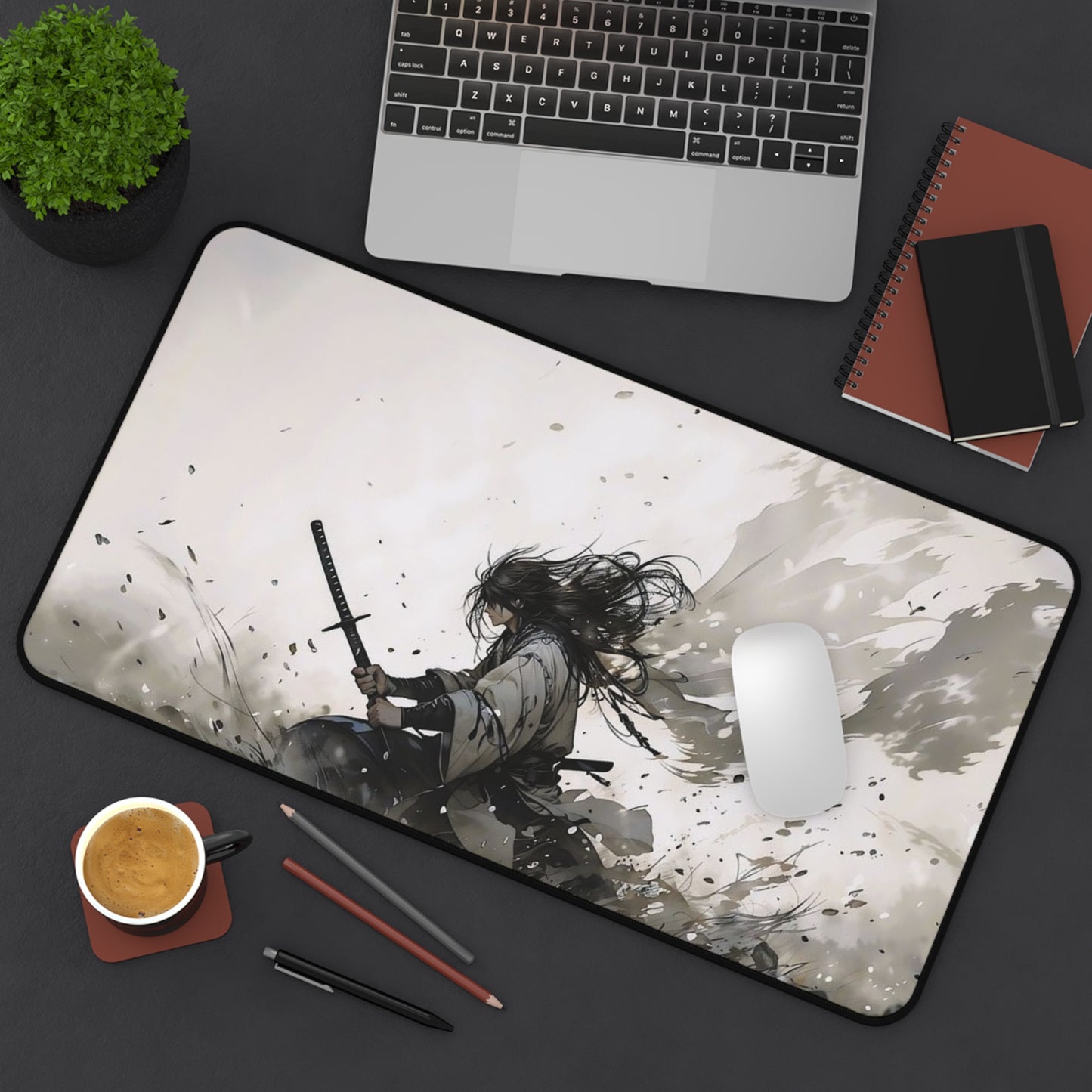 Samurai Battle Desk Mat — Epic Monochrome Sword Warrior Mouse Pad