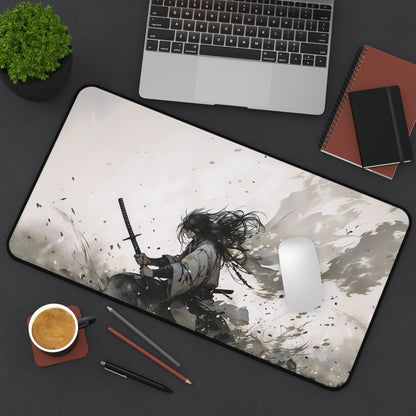 Samurai Battle Desk Mat — Epic Monochrome Sword Warrior Mouse Pad