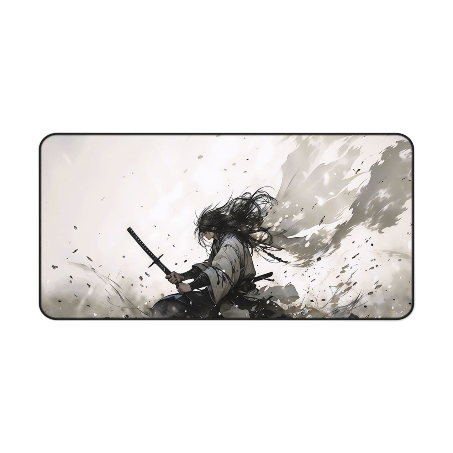 Samurai Battle Desk Mat — Epic Monochrome Sword Warrior Mouse Pad