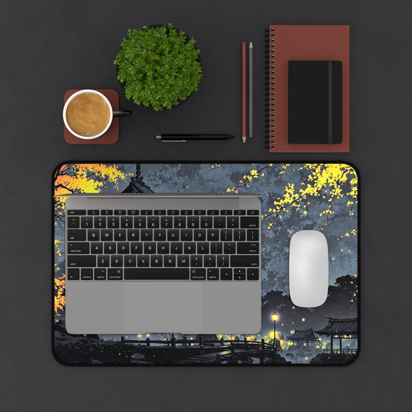 Nighttime Pagoda Landscape Desk Mat | Japanese Temple Scene Mouse Pad