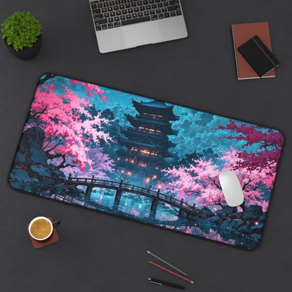 Cherry Blossom Pagoda Desk Mat | Japanese Nightscape Mouse Pad