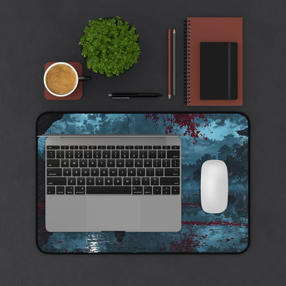 Lonely Figure on Bench at Moonlit Lake Desk Mat | Nightscape Vaporwave