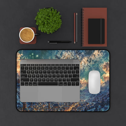 Starry Fantasy Mountain Village Desk Mat | Night Sky Landscape Mouse Pad