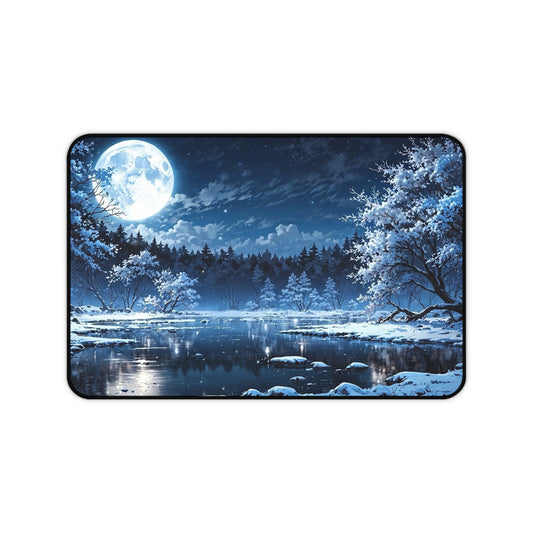 Moonlit Winter Lake Desk Mat | Snowy Forest Nightscape