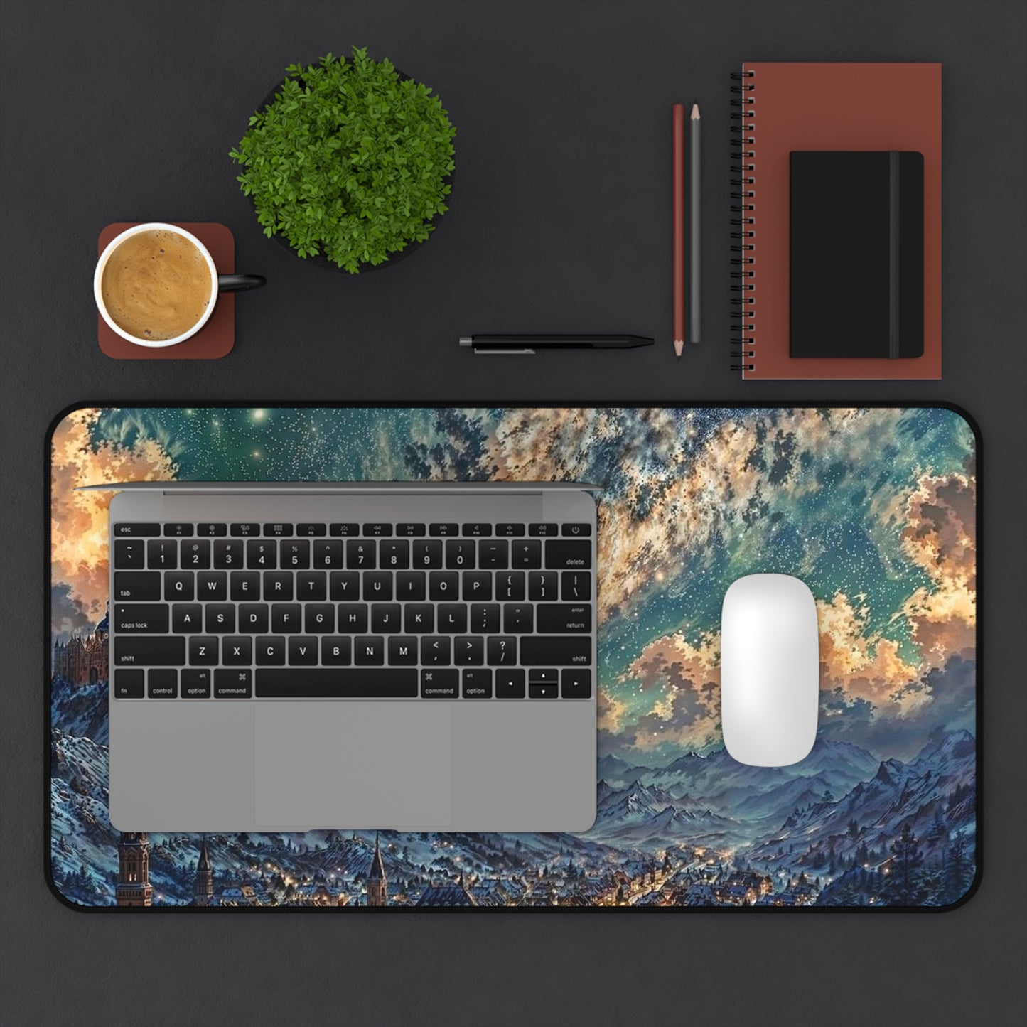 Starry Fantasy Mountain Village Desk Mat | Night Sky Landscape Mouse Pad